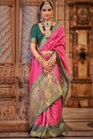 Rani Pink Jacquard Woven Silk Saree