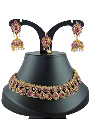 Rani Pink Stones Studded Gold Plated Necklace Set