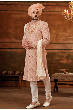 Blush Pink Art Silk Designer Sherwani with Stole