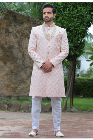 Blush Pink Embroidered Art Silk Designer Sherwani