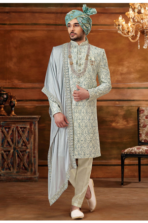Cream and Greyish Blue Art Silk Designer Sherwani with Stole