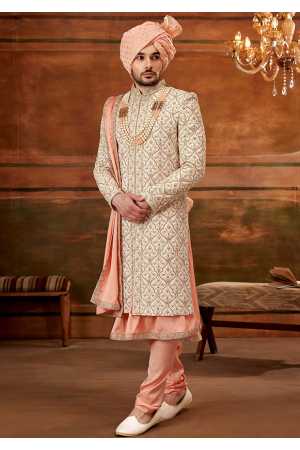 Cream Art Silk Designer Sherwani with Stole