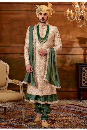 Golden Art Silk Designer Sherwani with Stole
