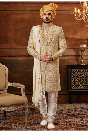 Golden Art Silk Designer Sherwani with Stole