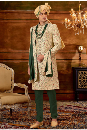 Golden Art Silk Designer Sherwani with Stole