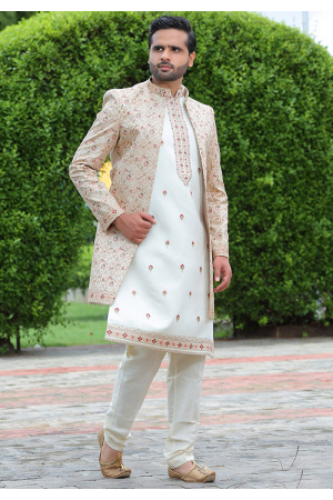 Off White Embroidered Art Silk Designer Sherwani