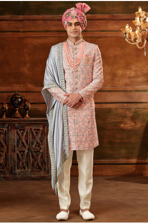 Peach and Greyish Blue Art Silk Designer Sherwani with Stole