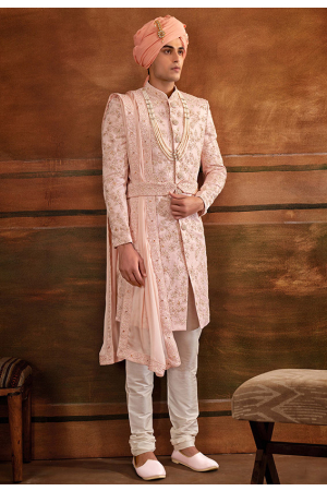 Pink Art Silk Designer Sherwani with Stole