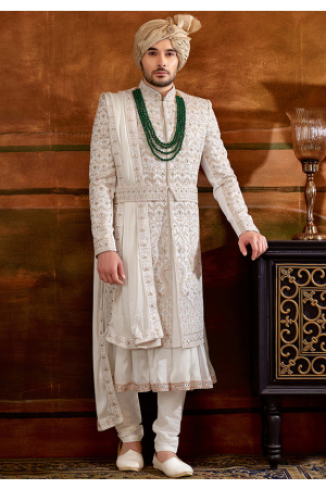 White Art Silk Designer Sherwani with Stole