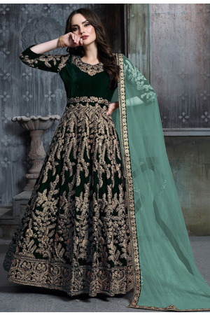 Pine Green Embroidered Velvet Anarkali Suit