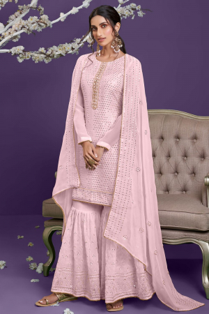 Blush Pink Embroidered Pure Georgette Sarara Kameez