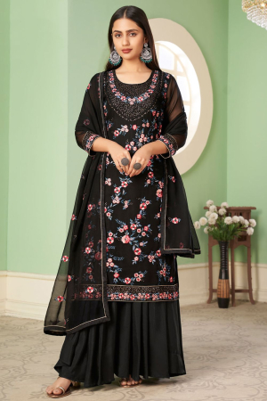 Black Embroidered Georgette Sarara Kameez