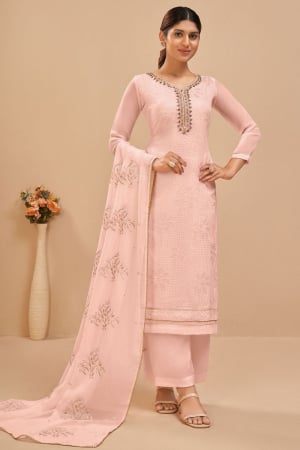 Blush Peach Khatli Work Georgette Plus Size Suit