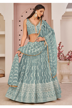 Teal Grey Embroidered Net Lehenga Choli