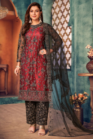 Maroon and Black Embroidered Net Trouser Kameez