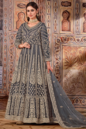 Slate Grey Embroidered Net Anarkali Suit