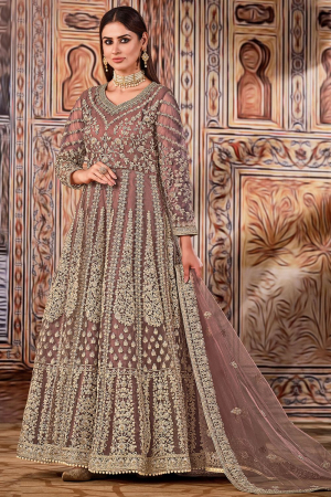 Brown Embroidered Net Anarkali Suit