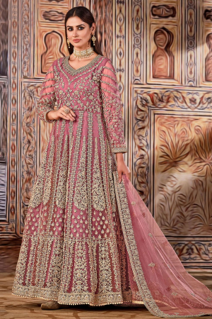 Mauve Pink Embroidered Net Anarkali Suit