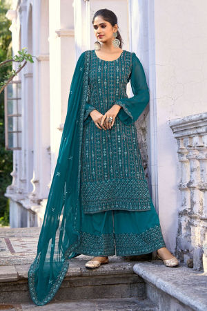 Peacock Blue Embroidered Silk Palazzo Kameez