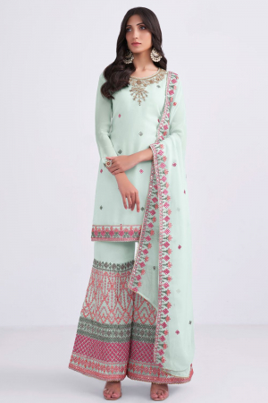 Mint Blue Embroidered Georgette Palazzo Kameez