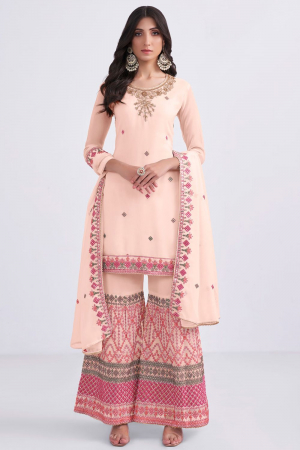 Blush Peach Embroidered Georgette Palazzo Kameez