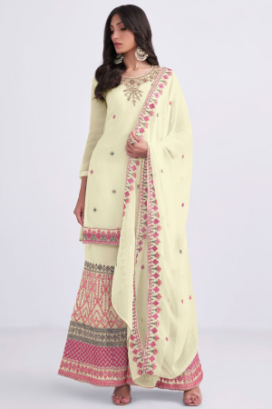 Cream Embroidered Georgette Palazzo Kameez