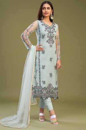 Firozi Net Embroidered Pant Kameez Suit
