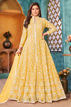Pastel Yellow Embroidered Net Pant Kameez