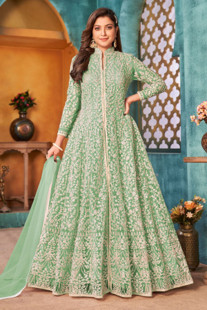 Mint Green Embroidered Net Pant Kameez