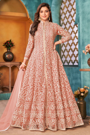 Peach Embroidered Net Pant Kameez