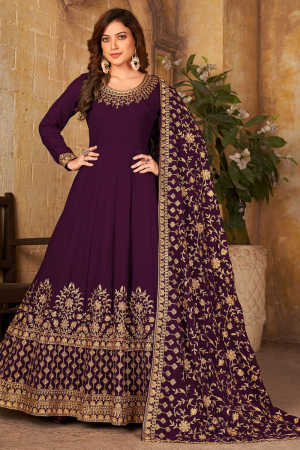 Burgundy Embroidered Faux Georgette Anarkali Suit