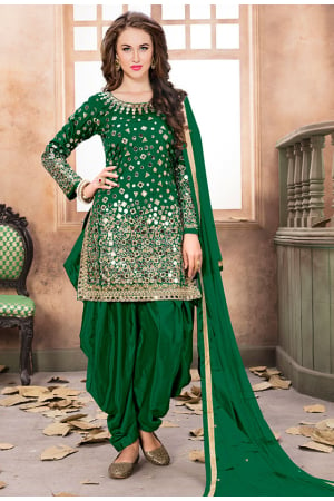 Bottle Green Mirror Work Patiala Suit