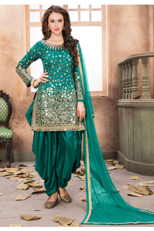 Rama Green Mirror Work Patiala Suit