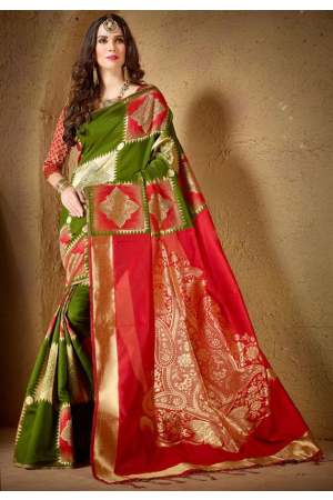 Olive Green and Coral Red Wedding Wear Silk Saree