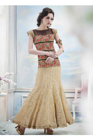 Beauteous Beige and Chocolate Brown Embroidered Suit