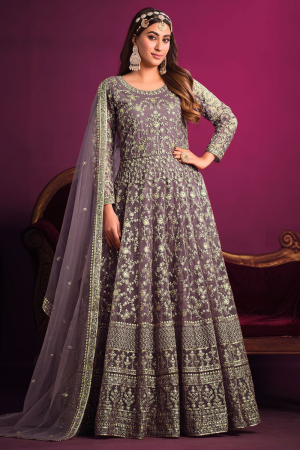 Mauve Embroidered Net Anarkali Dress