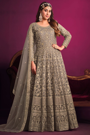 Dusty Grey Embroidered Net Anarkali Suit