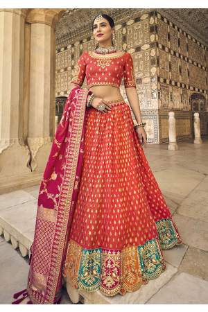 Coral Red Banarasi Silk Designer Lehenga Choli