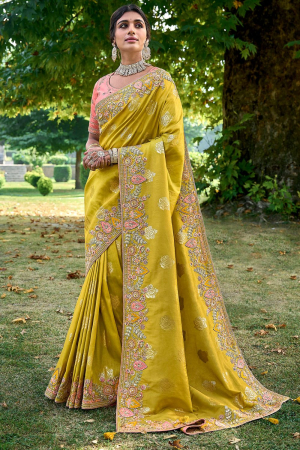 Lime Yellow Gadhwal Silk Designer Saree