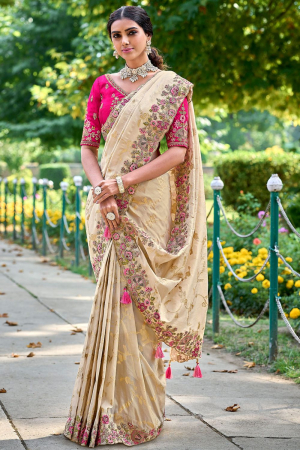 Cream Gadhwal Silk Designer Saree