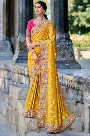 Maize Yellow Gadhwal Silk Designer Saree