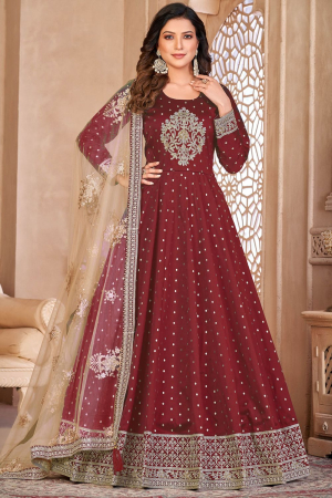 Maroon Embroidered Anarkali with Net Dupatta