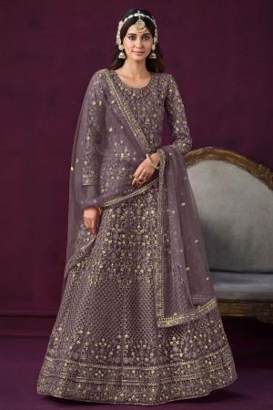 Mauve Net Designer Anarkali Suit for Wedding