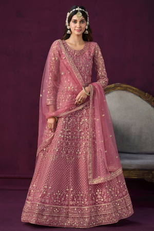 Rouge Pink Net Designer Anarkali Suit for Wedding
