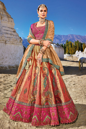 Beige Wedding Wear Banarasi Silk Jacquard Lehenga Choli Set