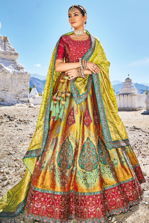 Lime Green Wedding Wear Banarasi Silk Jacquard Lehenga Choli Set