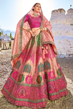 Rani Pink Wedding Wear Banarasi Silk Jacquard Lehenga Choli Set