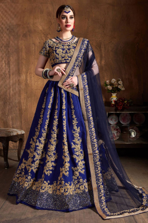 Royal Blue Raw Silk Lehenga Choli with Net Dupatta