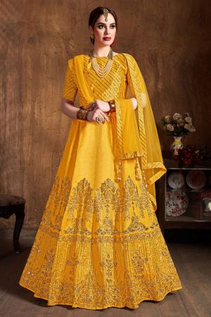 Sunny Yellow Art Silk Lehenga Choli with Net Dupatta