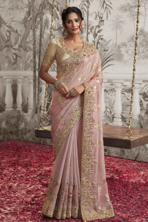 Blush Pink Embroidered Viscose Jacquard Designer Saree